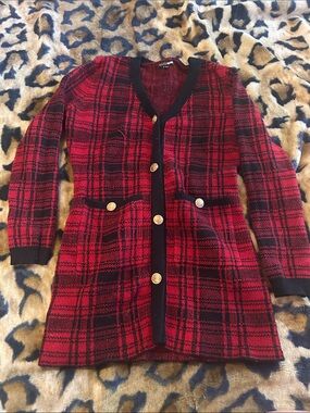 Fashion Nova Red & Black Plaid Long Cardigan Blazer